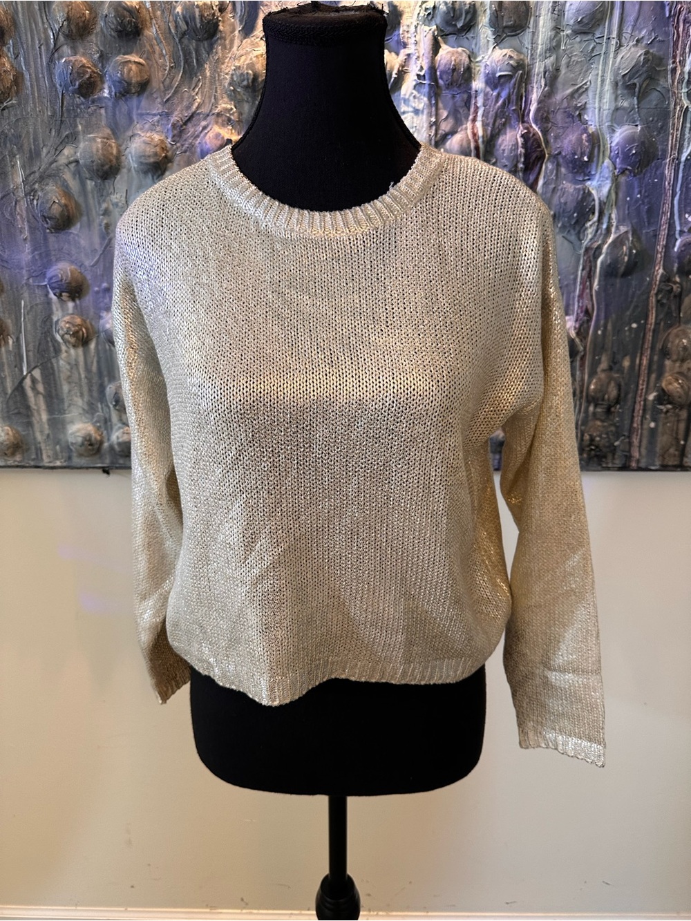 ⭐️ H & M Crewneck Metallic Knit Sweater says youth 10 but it’s ladies Med crop